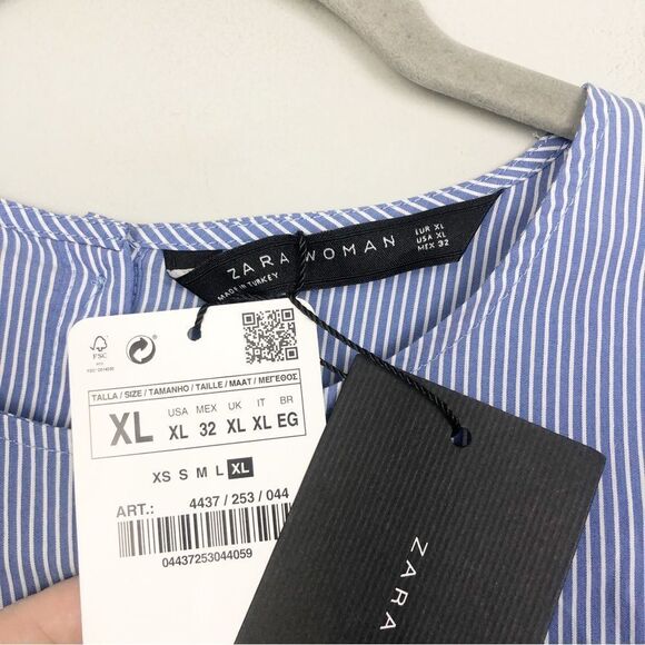 ZARA | NEW Blue & White Striped Poplin Tie Front Button Back Top Women’s Size XL - Picture 7 of 10